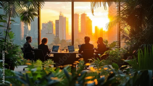 Businesspeople collaborate in sunset city view modern office
