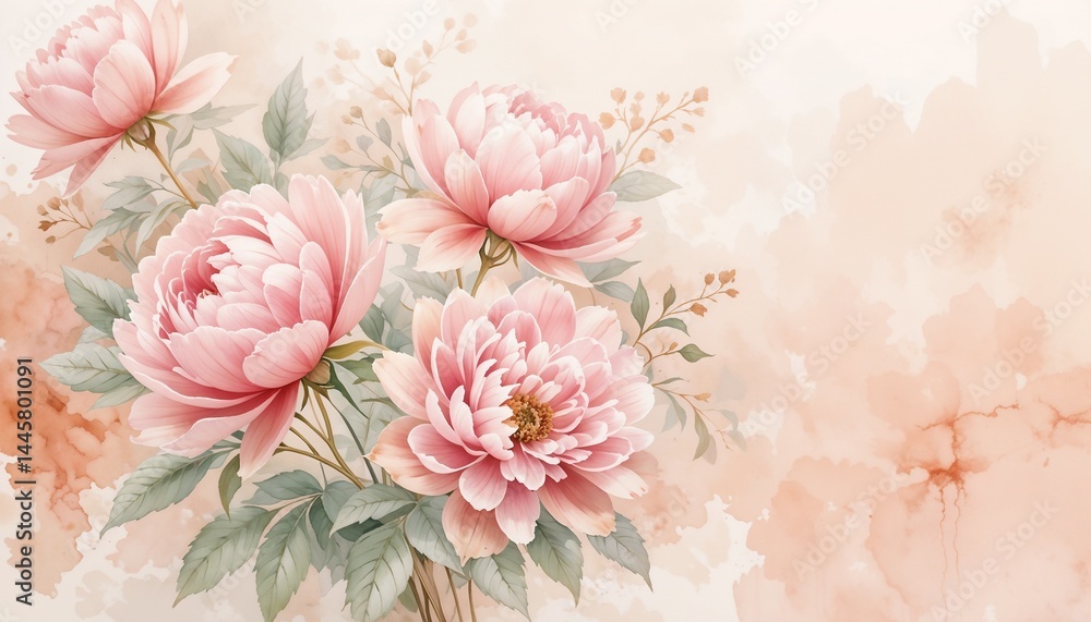 Watercolor painting of pink peonies with romantic soft colors and text space Watercolor painting of pink peonies with romantic soft colors and text space