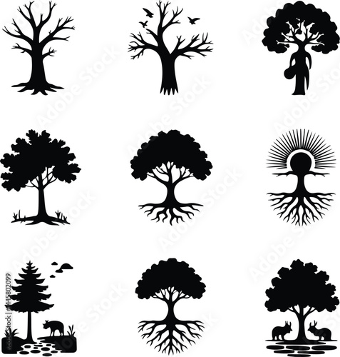 Tree Silhouette Set | Forest and Nature Vector Pack Black Tree Silhouettes Collection | Landscape Nature Icons