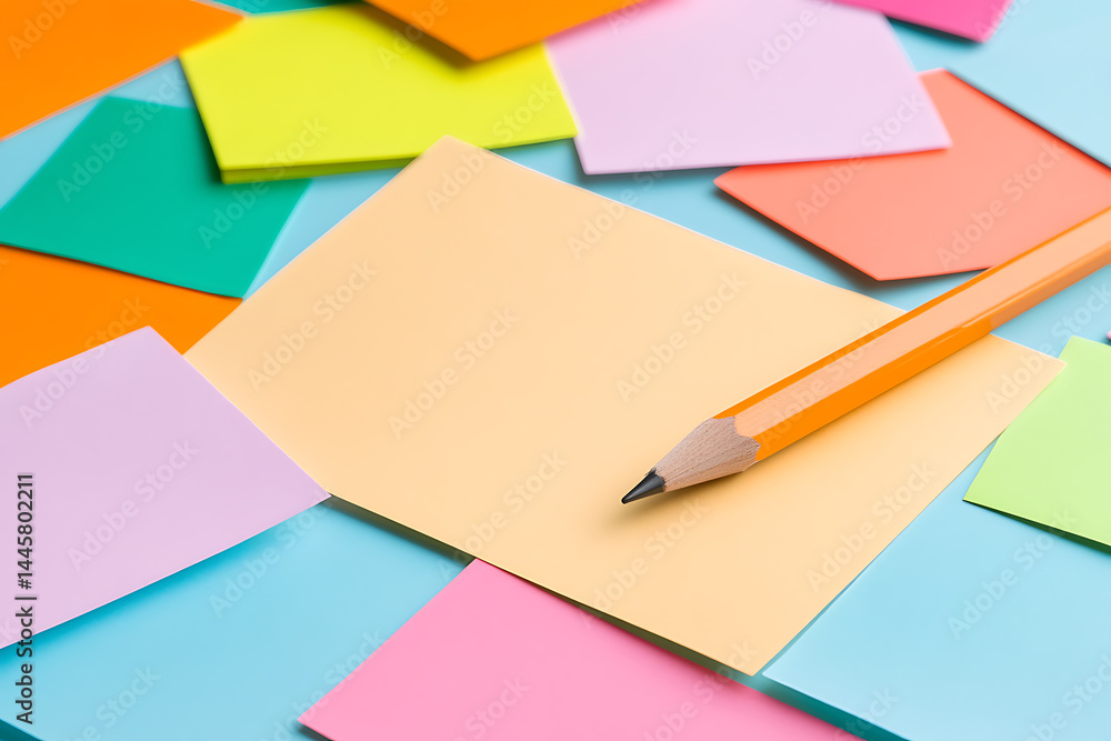 Colorful sticky notes and a pencil on a blue surface create a vibrant workspace for brainstorming and organization. Write down your ideas! Colorful sticky notes and a pencil on a blue surface create a vibrant workspace for brainstorming and organization. Write down your ideas!