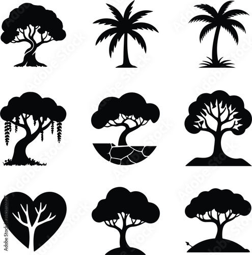 Tree Silhouette Set | Forest and Nature Vector Pack Black Tree Silhouettes Collection | Landscape Nature Icons