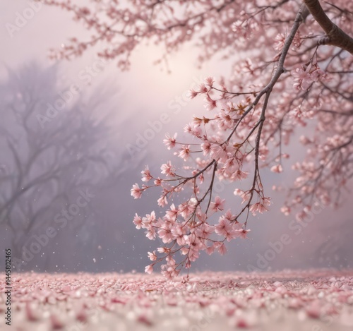Softly falling sakura petals against a muted pastel sky ,  bokeh,  illustration,  wallpaper