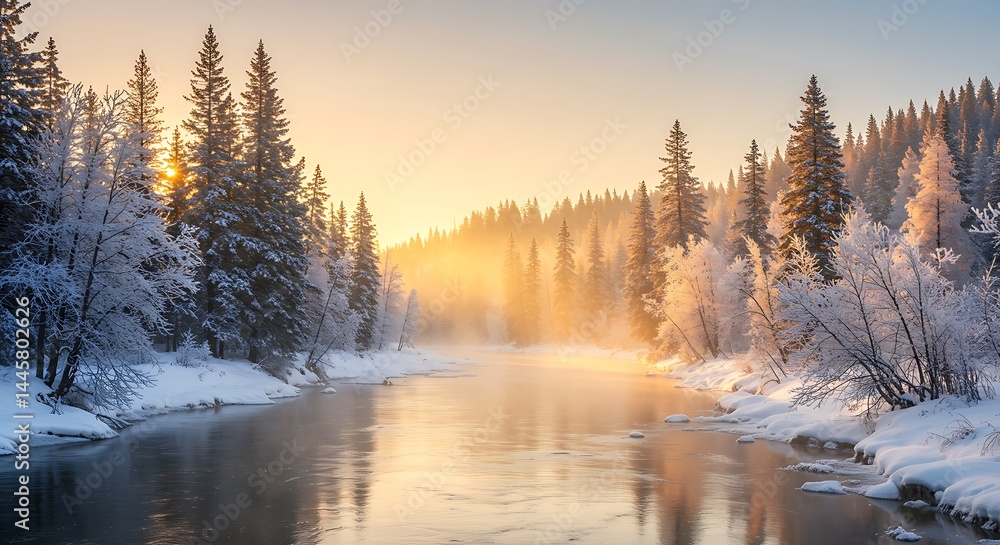 Fototapeta premium Winter's Golden Embrace AI Generated