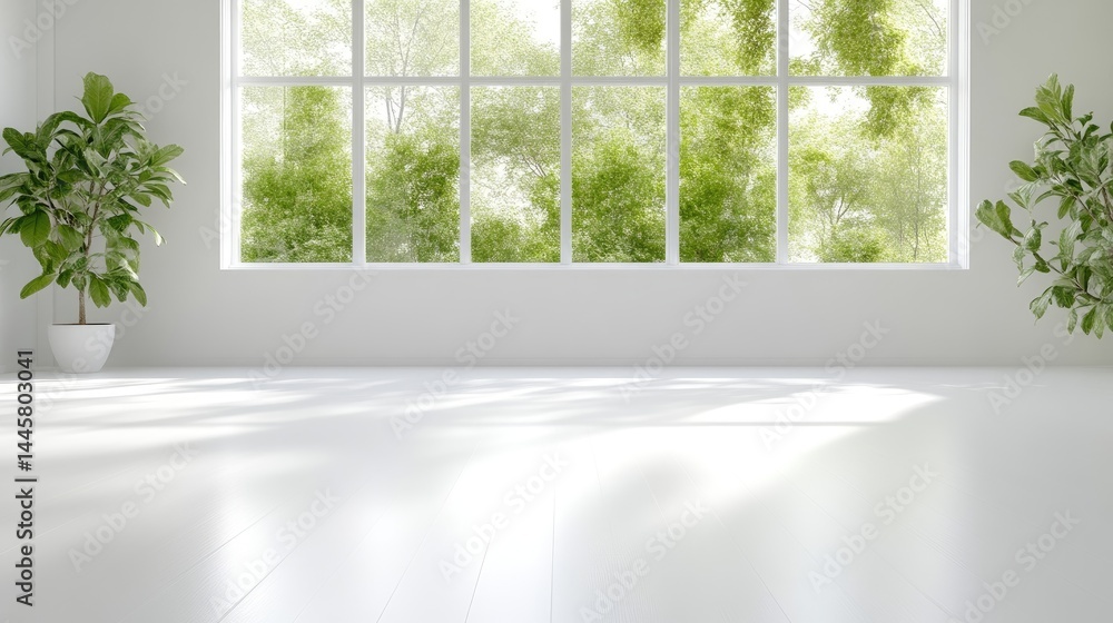 Fototapeta premium A modern empty room with large window showcasing lush green trees outside, bright natural light illuminating the minimalist interior, and serene and spacious atmosphere.