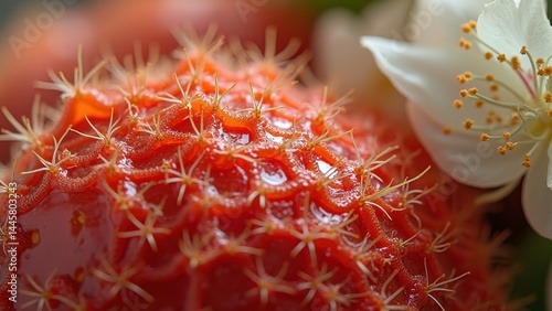 Close-up of a spiky red strawberry with white flower in natural setting