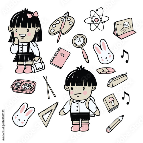 Chinese boy and girl schoolchildren and school supplies isolated cartoon style. Vector.