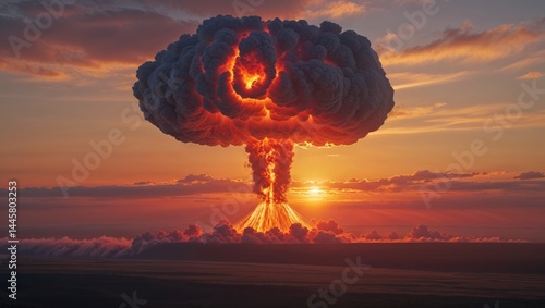 A dramatic depiction of a nuclear explosion at sunset, showcasing the immense power and destructive potential of such an event. The orange and grey hues create a striking contrast against the sky.