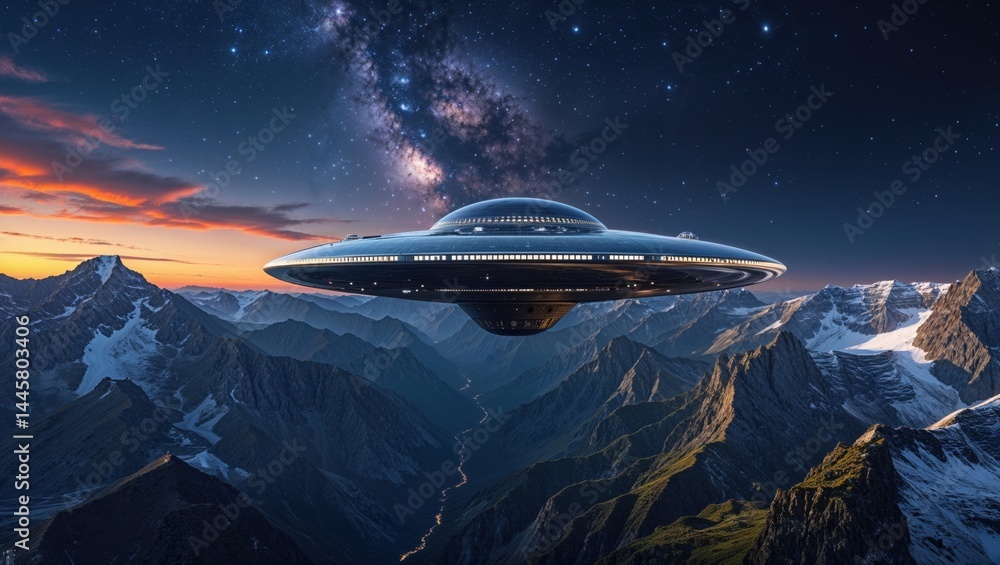 Obraz premium A futuristic spaceship hovers silently over a breathtaking mountain range at sunset, the Milky Way glittering in the night sky. A scene of mystery and wonder.