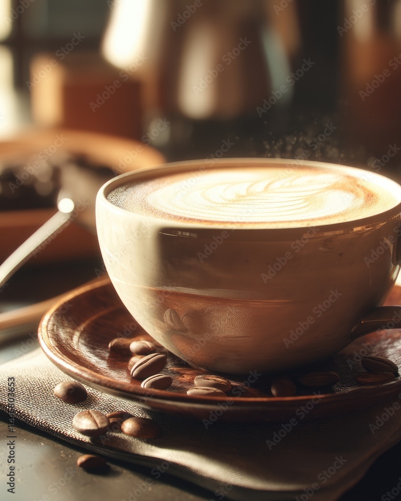 Close-up of a latte art in a cup with steam on a wooden saucer surrounded by coffee beans under warm lighting Close-up of a latte art in a cup with steam on a wooden saucer surrounded by coffee beans under warm lighting