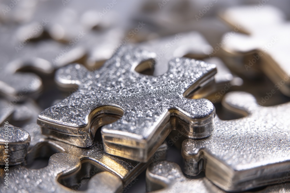 Close-up of metallic puzzle pieces, showcasing intricate texture and silver color. Close-up of metallic puzzle pieces, showcasing intricate texture and silver color.