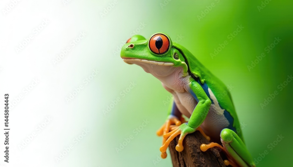 Obraz premium Green tree frog perched on white, vibrant skin, green frog, closeup