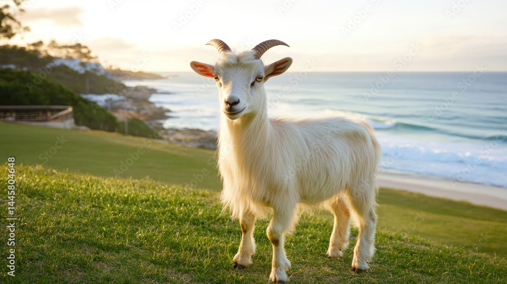 Obraz premium Coastal Goat on grassy hill at sunset