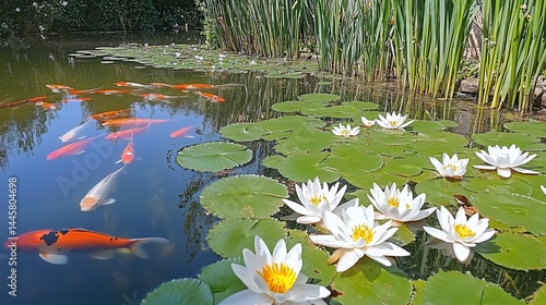 Peaceful pond with koi and lilies. Lush greenery surrounds the tranquil water