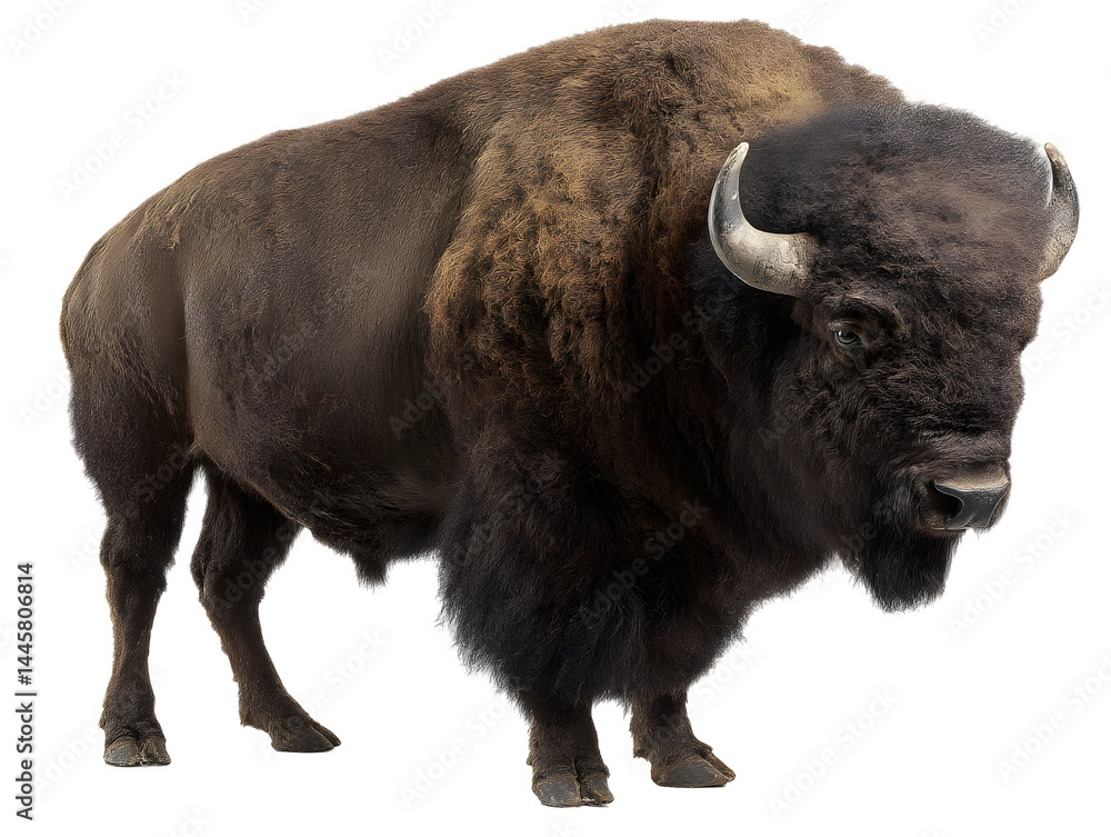 Majestic bison with thick, brown fur and imposing horns stands powerfully against a transparent background Majestic bison with thick, brown fur and imposing horns stands powerfully against a transparent background