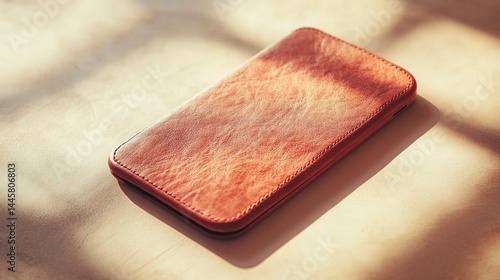A light brown leather phone case rests on a light wooden surface in sunlight.