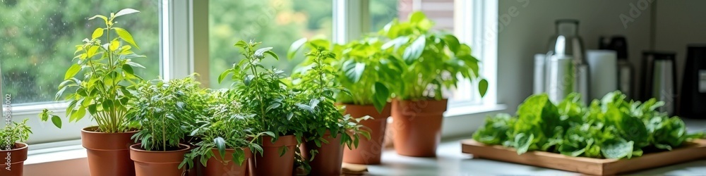 Fototapeta premium Vibrant indoor herb garden flourishing by sunlit kitchen window