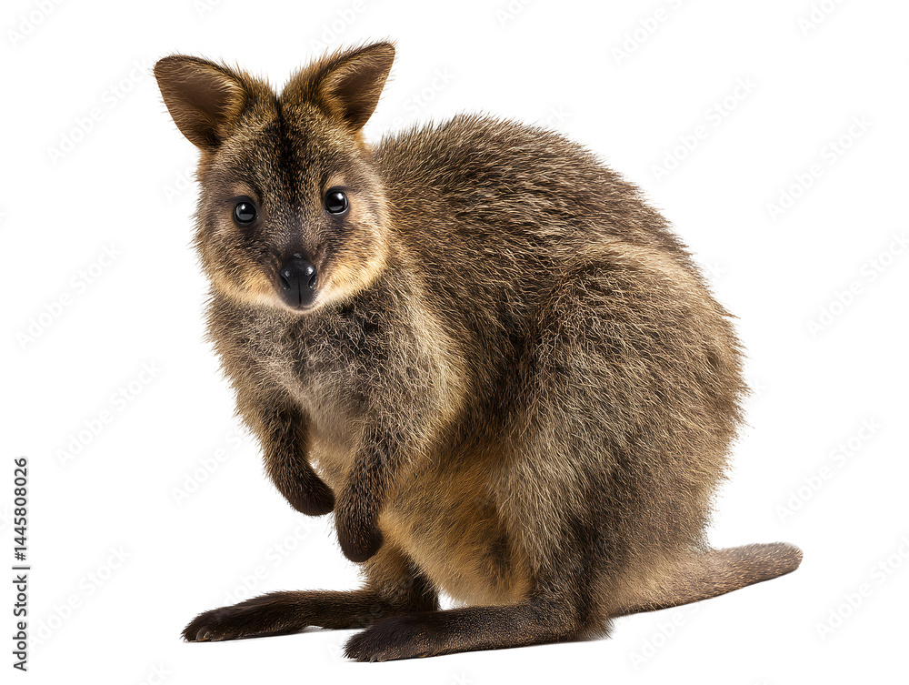 Obraz premium Petite wallaby poses, displaying its soft brown fur and curious gaze on a transparent background