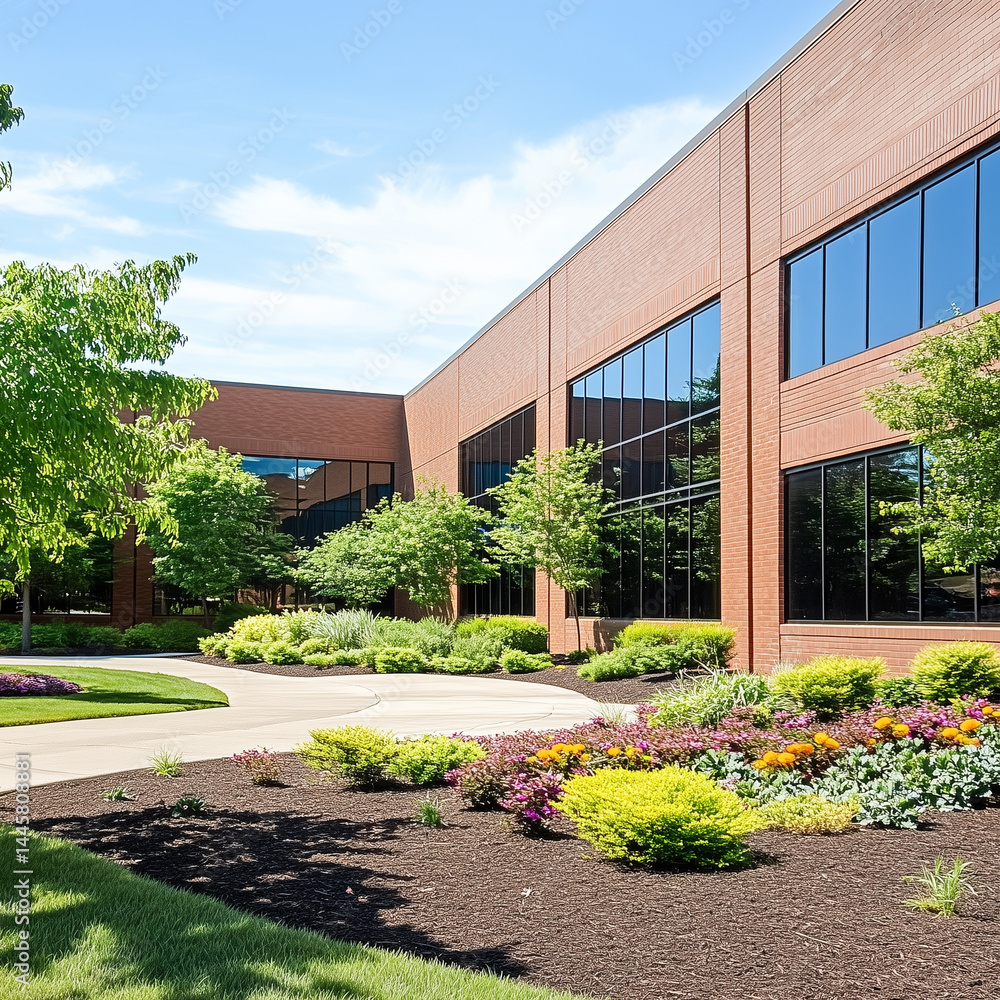 Obraz premium Generic Brick Office Building Exterior with lush Landscaping trees and flowers 