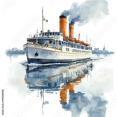 illustration of Yellow Ferry Sailing Across A Calm River, watercolor vector, isolated on a white background.