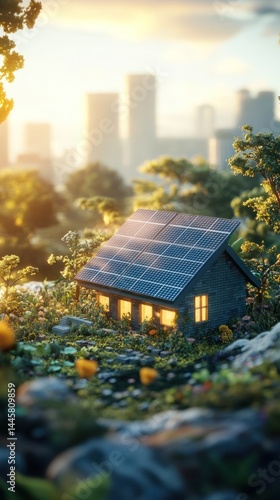 Sustainable solar powered house surrounded by lush greenery in an urban setting with a beautiful cityscape backdrop illuminated by the warm glow of the setting sun