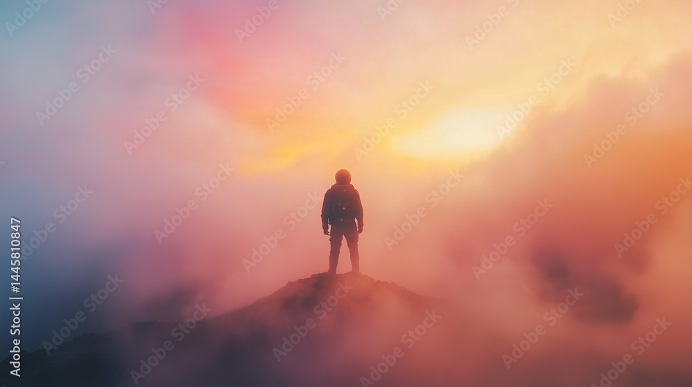 Astronaut stands atop a mountain in a dreamy sunset fog Astronaut stands atop a mountain in a dreamy sunset fog