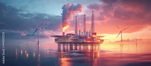 Offshore oil and gas production platform rising above the ocean at sunset surrounded by wind turbines generating renewable energy  The dramatic sky reflects in the calm waters