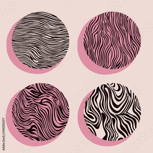 Set of four circular abstract vector designs with zebra-like wavy lines in black, pink, and cream tones, creating a playful and modern animal print effect.