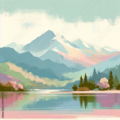 Pastel Landscape Art – Serene Mountain and River Scene in Impressionist Style