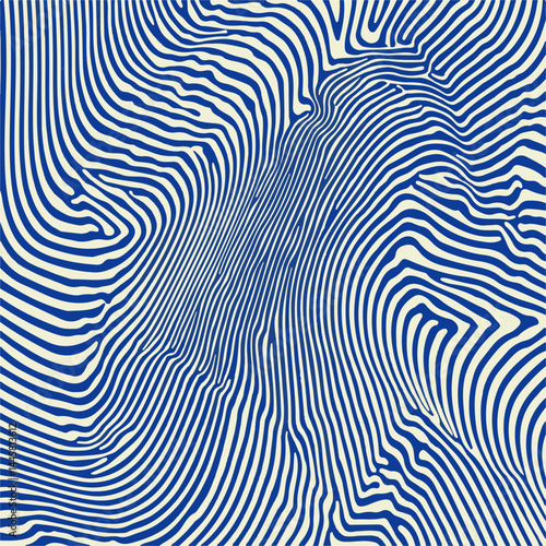 Dynamic abstract vector illustration with wavy blue lines on a beige background, creating an optical illusion and sense of movement, perfect for modern graphic design and artistic backgrounds.