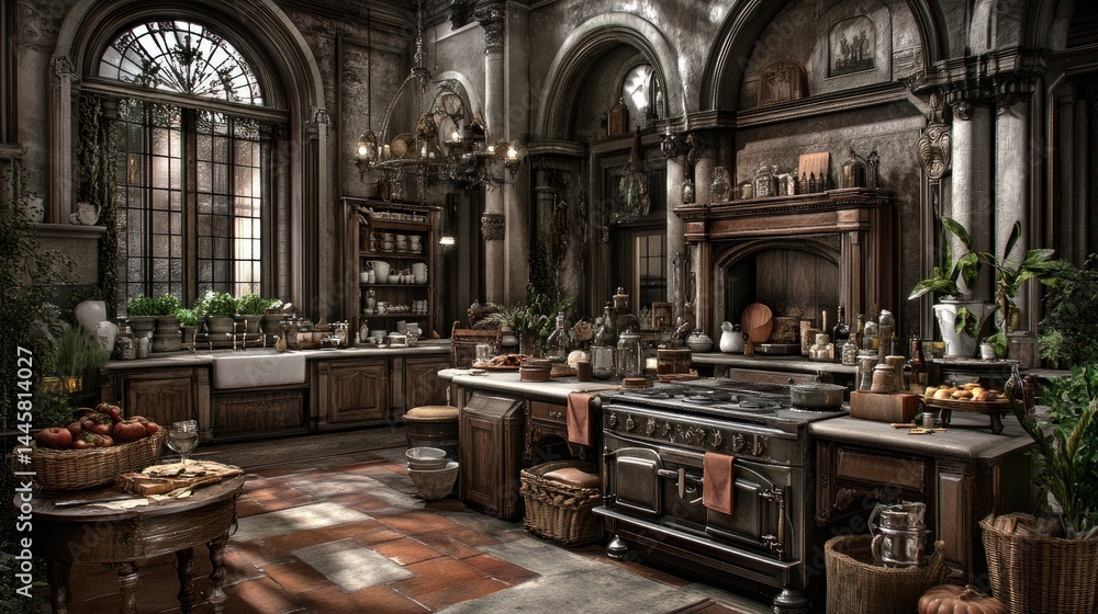 Obraz premium Dark, ornate kitchen with gothic architecture.