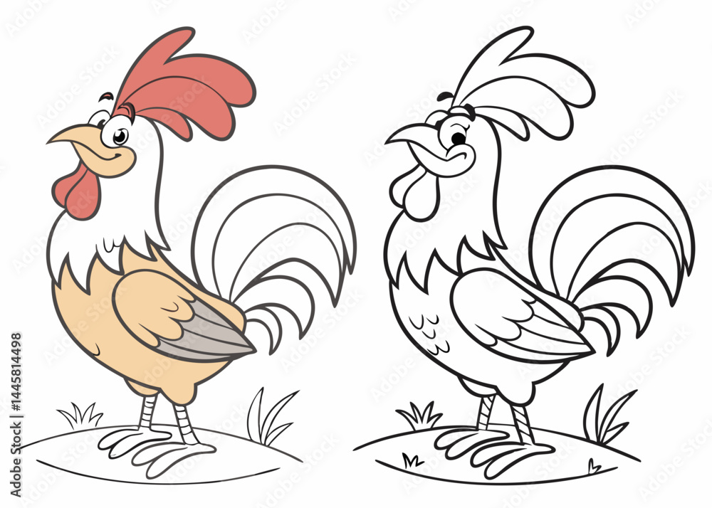 Naklejka premium This coloring page features a cheerful cartoon rooster, perfect for children's activities.