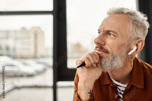 Fotografija Contemplative moment of a thoughtful individual in a cozy modern office environm