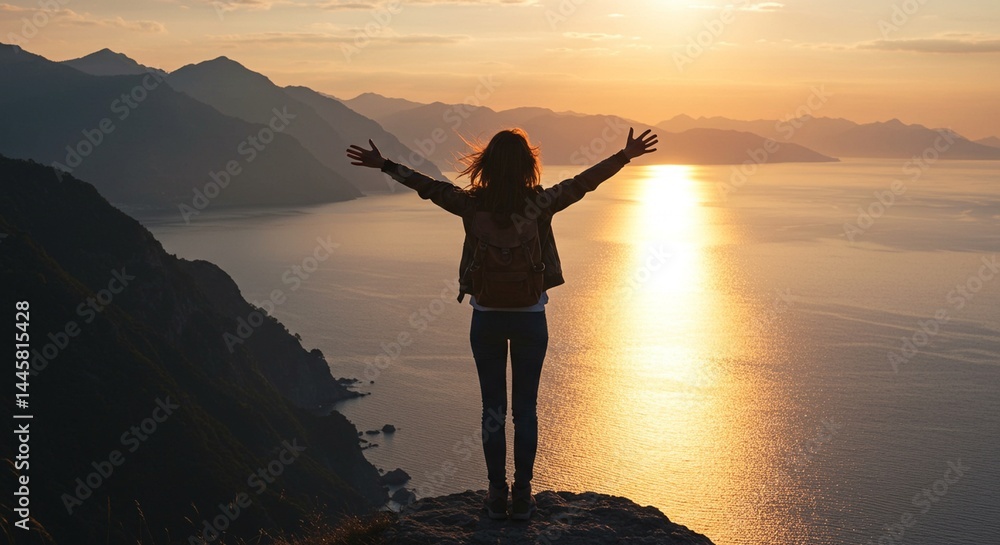 Fototapeta premium A lone traveler facing a panoramic mountain or ocean view, arms stretched out, symbolizing freedom, adventure, and self-discovery. Ideal for travel, lifestyle, or motivational themes.