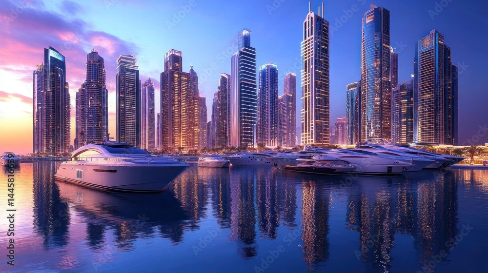 Fototapeta premium Stunning cityscape at sunset over a marina with luxury yachts and skyscrapers. Reflecting in the water, the vibrant twilight creates a picturesque scene