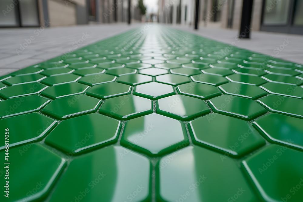 Obraz premium Green Hexagon Pathway: Vibrant, eye-catching surface texture and design for outdoor space. Unique patterns create depth and visual interest. Nature-inspired.