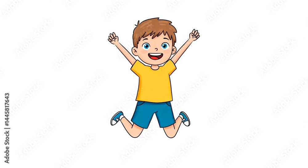 Cartoon boy jumping with joy wearing a yellow shirt and blue shorts on a white background illustration Cartoon boy jumping with joy wearing a yellow shirt and blue shorts on a white background illustration