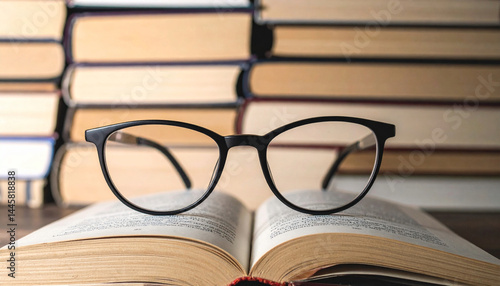 A background pile of books with some glasses on them at a library for the students at university
