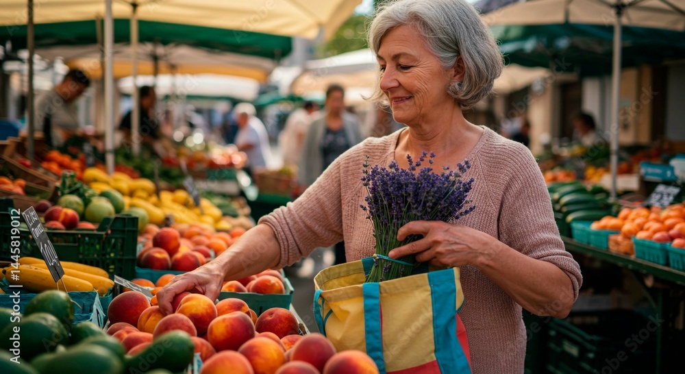 Obraz premium Woman shopping for fresh produce and lavender at an outdoor market on a sunny day with other people