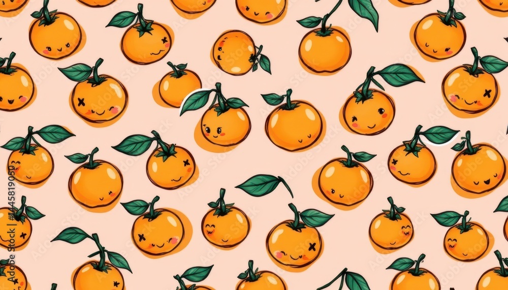 Seamless pattern of cute cartoon kumquats on a soft bright orange background, minimalistic style, bold outlines, light shadows, playful and fresh design, kawaii aesthetic. Seamless pattern of cute cartoon kumquats on a soft bright orange background, minimalistic style, bold outlines, light shadows, playful and fresh design, kawaii aesthetic.