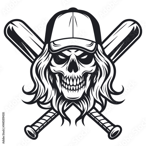 Skull with Cap and Crossed Baseball Bats Icon in Black and White Silhouette