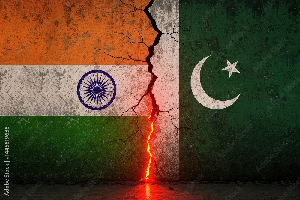 A cracked wall with the Indian flag on one side and the Pakistani flag on the other. Concept of a military conflict between India and Pakistan