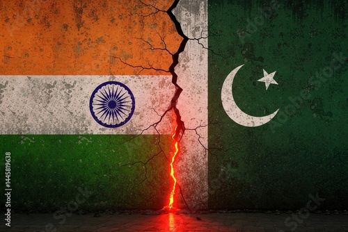Obraz na płótnie A cracked wall with the Indian flag on one side and the Pakistani flag on the other. Concept of a military conflict between India and Pakistan w salonie