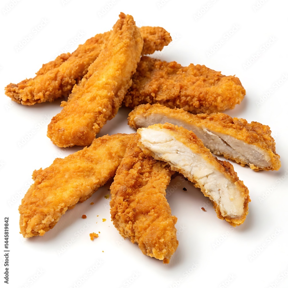 Fried chicken breast strips breaded, isolated on white background Fried chicken breast strips breaded, isolated on white background