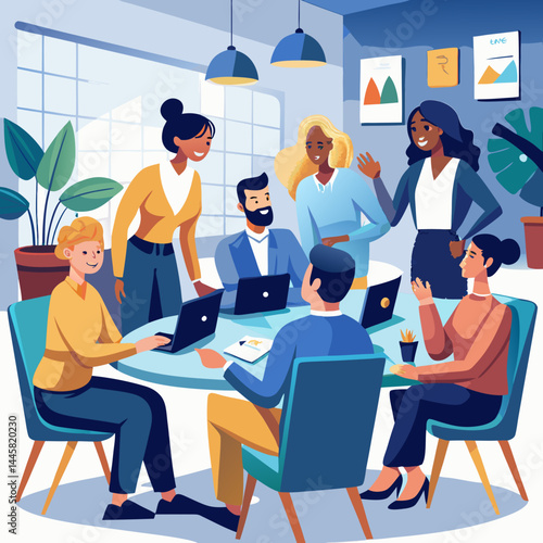 Business Teamwork Concept. Vector illustration in flat style of a group of diverse people in business suits putting together pieces of a puzzle. Isolated on background