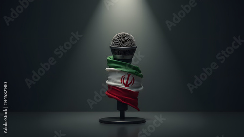 Iran's flag strangles a microphone, embodying state-enforced silence. The frayed edges and dark backdrop scream tension. A haunting, minimalist protest piece.