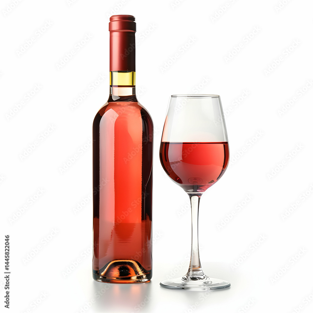 Elegant Bottle and Glass of Rosé Wine on White Background Elegant Bottle and Glass of Rosé Wine on White Background