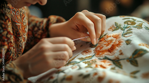 Woman delicately embroidering floral patterns on fabric in a cozy indoor setting