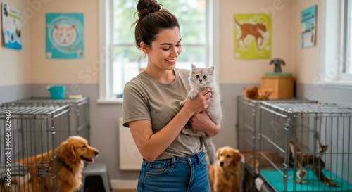 Woman holding kitten at animal shelter with dogs and cats in cages and animal posters on the wall