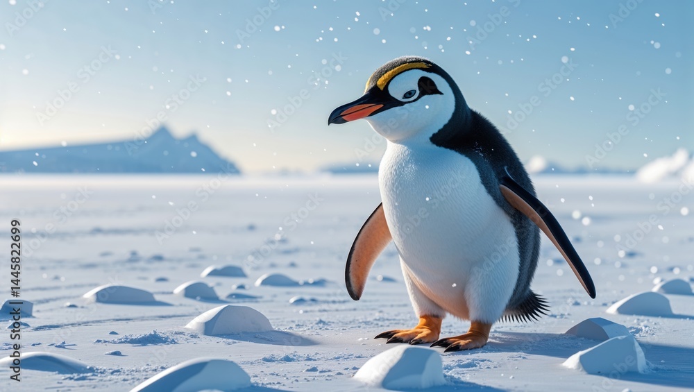 Obraz premium A young gentoo penguin stands on a snowy landscape, gazing towards the distant mountains. Light snow falls, creating a serene winter scene.