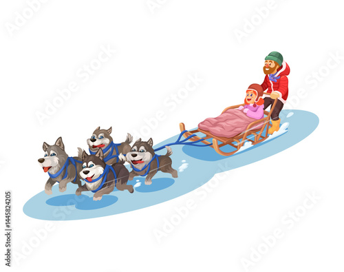 Dog Sledding, People Riding Sleigh with Husky Dogs Cartoon Illustration Vector